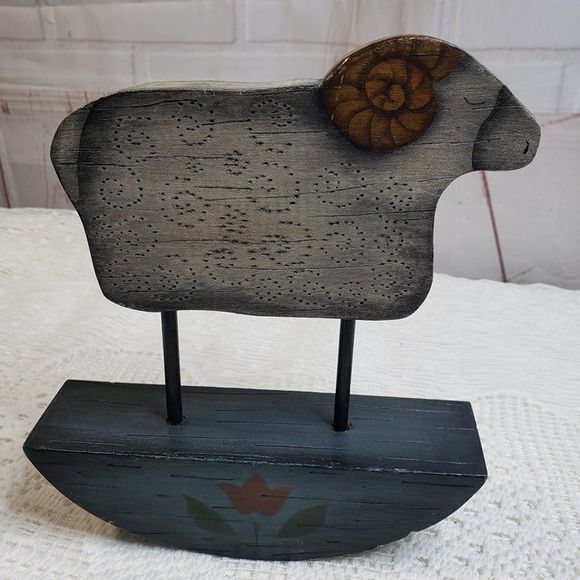 Primitive Farmhouse Painted Wooden Ram Sheep on Rocker Decor Accent - Picture 5 of 9